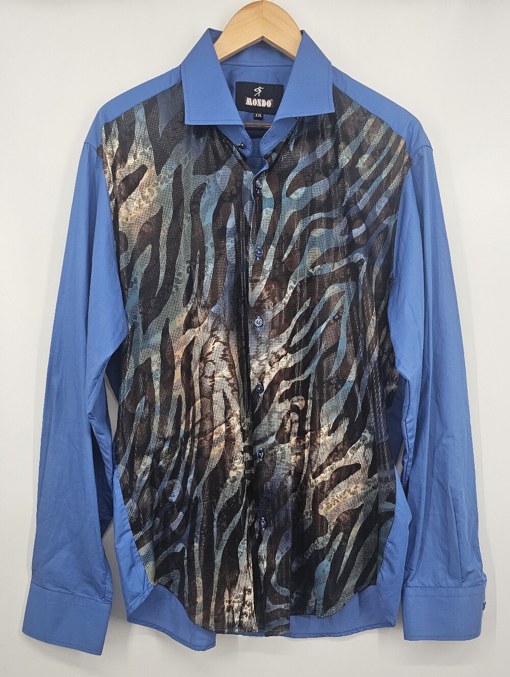 NWT Mondo Blue Animal Print Mesh Panel Button Up Shirt XXL Clubwear
